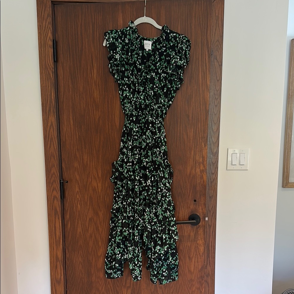 Misa Los Angeles Floral Black and Green Maxi Dress